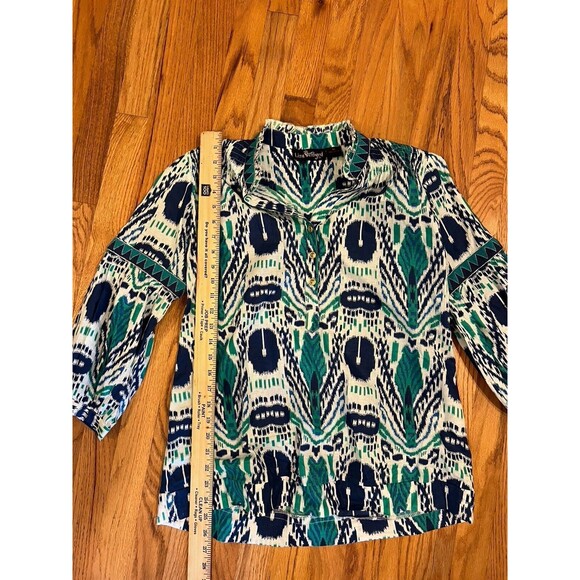 Liza Byrd Womens M Turquoise Navy Blue Print Long Sleeve boho tunic top Ikat - Picture 5 of 5